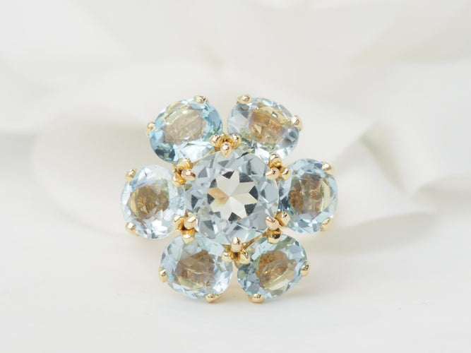 Bague 52 Bague fleur en or jaune 18 kt et aigues-marines 58 Facettes 33558