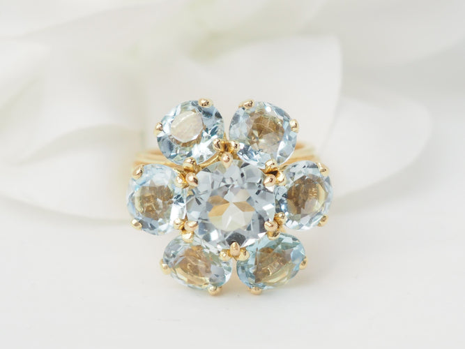 Bague 52 Bague fleur en or jaune 18 kt et aigues-marines 58 Facettes 33558