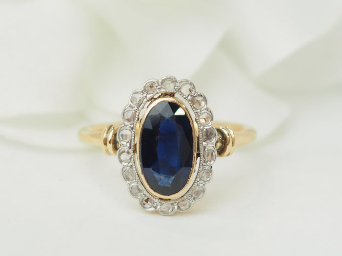 Bague 54.5 Bague Pompadour en or jaune 18 ct, saphir de Verneuil et diamants 58 Facettes 33562