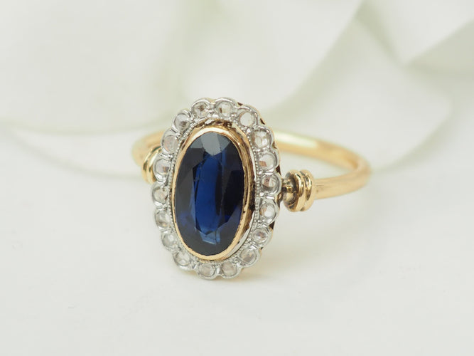 Bague 54.5 Bague Pompadour en or jaune 18 ct, saphir de Verneuil et diamants 58 Facettes 33562