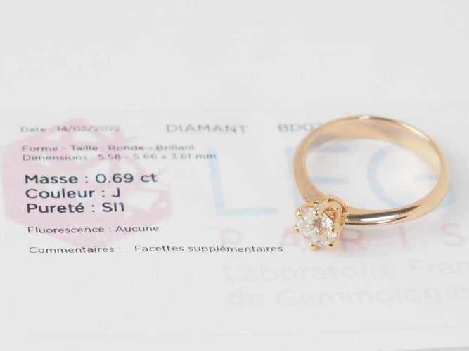 Bague 51.5 Bague solitaire en or rose 18 kt et diamant 0,69 ct certifié 58 Facettes 31906