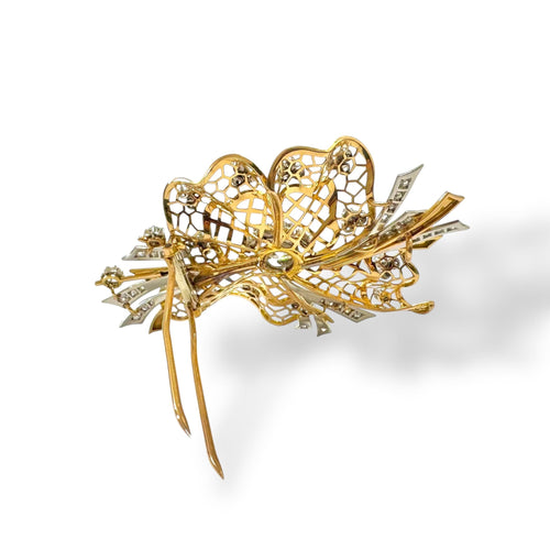 Broche Broche nœud dentelle en or jaune-rosé 18K, platine et diamants 58 Facettes REF2539CF-306