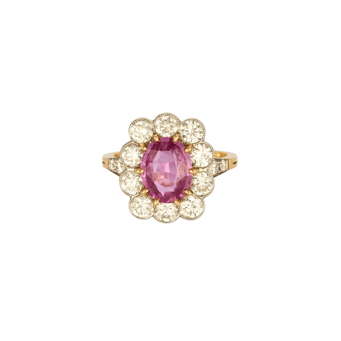 Bague Bague marguerite or jaune et platine, diamants et saphirs rose 58 Facettes