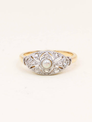 Bague 52 Bague Belle Époque en or jaune 18 carats, platine, diamants et perle fine 58 Facettes 1199.7