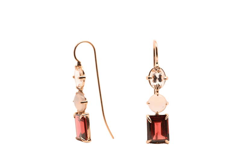 Boucles d'oreilles Earrings Morganite, Agate Grise And Grenat Rose Gold 18 Carats 58 Facettes