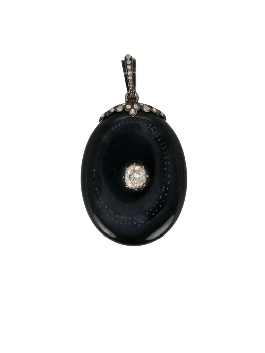 Pendentif ancien porte-souvenir or argent onyx diamants