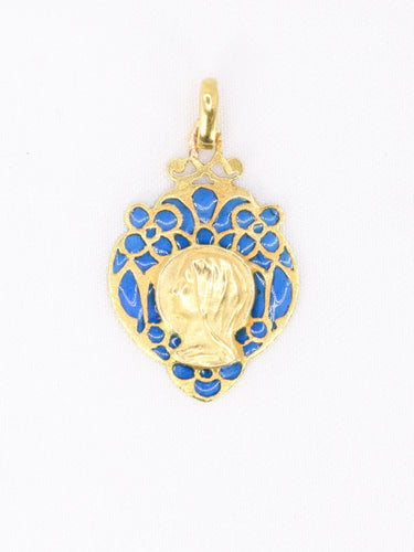 Pendentif Médaille religieuse Art nouveau en or jaune 18 carats, émail plique-à-jour bleu 58 Facettes 1153.12