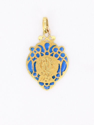 Pendentif Médaille religieuse Art nouveau en or jaune 18 carats, émail plique-à-jour bleu 58 Facettes 1153.12