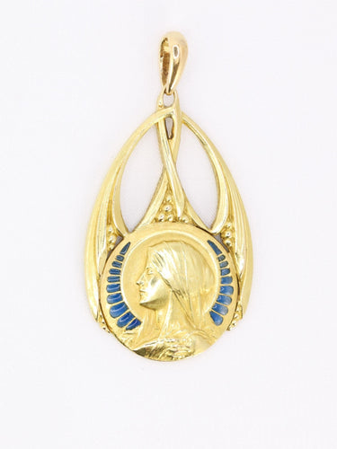 Pendentif Art nouveau - Médaille Vierge de profil en or jaune 18 carats émail plique-à-jour 58 Facettes 1153.13