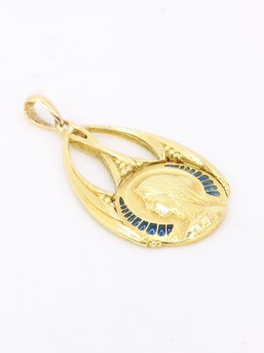 Pendentif Art nouveau - Médaille Vierge de profil en or jaune 18 carats émail plique-à-jour 58 Facettes 1153.13