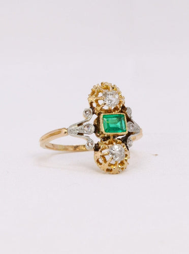 Bague 54 Bague Art Nouveau en or jaune 18k, émeraude et diamants 58 Facettes 1042.2