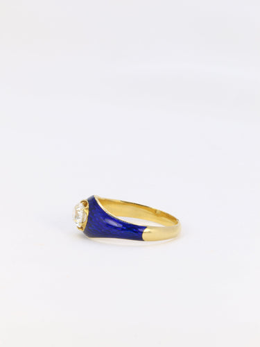 Bague 54 Bague solitaire en or jaune 18 k à diamant taille ancienne et émail bleu 58 Facettes 838