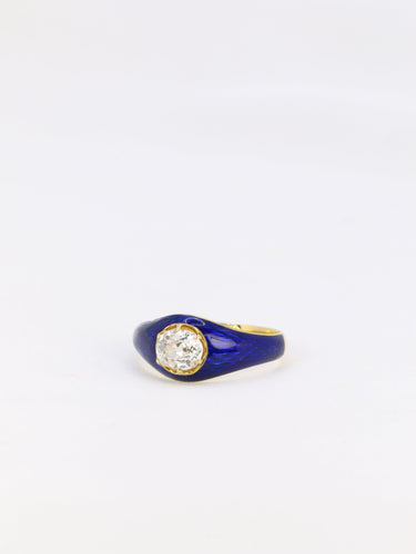 Bague 54 Bague solitaire en or jaune 18 k à diamant taille ancienne et émail bleu 58 Facettes 838