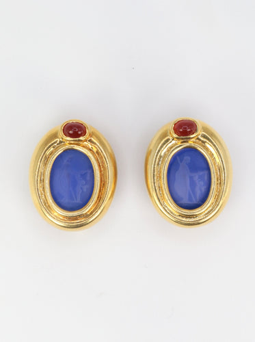 Boucles d'oreilles Clips d’oreilles vintage en or 18K, intaille en verre bleu et cornaline 58 Facettes 523