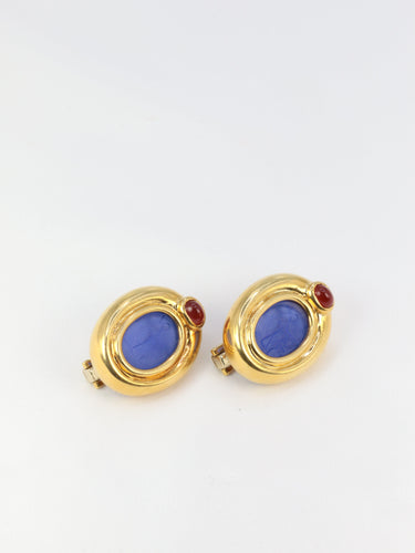 Boucles d'oreilles Clips d’oreilles vintage en or 18K, intaille en verre bleu et cornaline 58 Facettes 523
