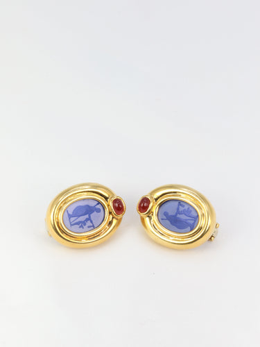 Boucles d'oreilles Clips d’oreilles vintage en or 18K, intaille en verre bleu et cornaline 58 Facettes 523