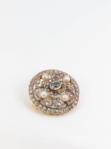 Broche Broche ronde en or 18k avec diamants taille rose et perles fines 58 Facettes 274