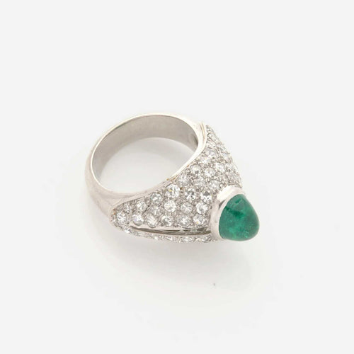 Bague 52 Art déco - Bague en platine avec émeraude cabochon et diamants 58 Facettes 22774