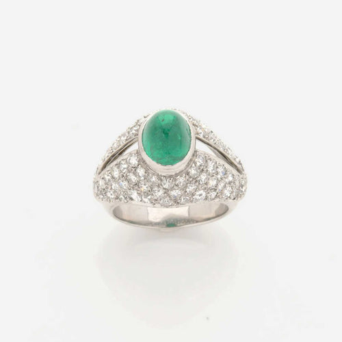 Bague 52 Art déco - Bague en platine avec émeraude cabochon et diamants 58 Facettes 22774