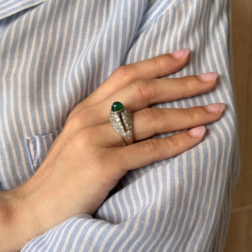 Bague 52 Art déco - Bague en platine avec émeraude cabochon et diamants 58 Facettes 22774