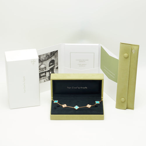 Bracelet Van Cleef & Arpels Vintage Alhambra - Bracelet 5 motifs en or jaune, turquoise et diamants 58 Facettes