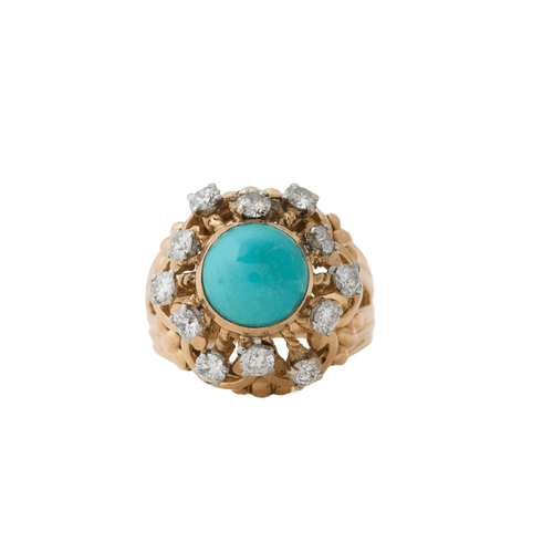 Bague 53 Bague Rétro Dôme Or Jaune Turquoise Diamants 58 Facettes