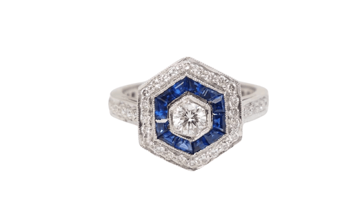 Ring 53.5 Hexagonal ring, calibrated sapphires and diamonds 58 Facettes 32645