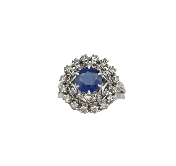 Bague or gris et platine, saphir, diamants