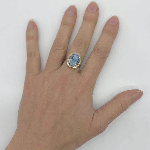 Bague 56 Bague camée en or jaune 750 et agate bleue 58 Facettes Z1351881