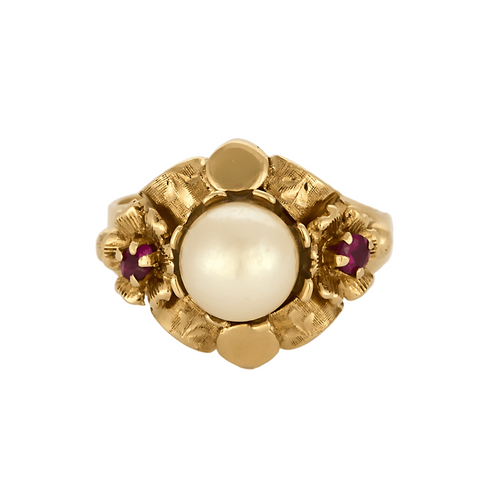 Bague 48 Bague en or jaune, perle de culture blanche et rubis de synthèse 58 Facettes DV7496-1