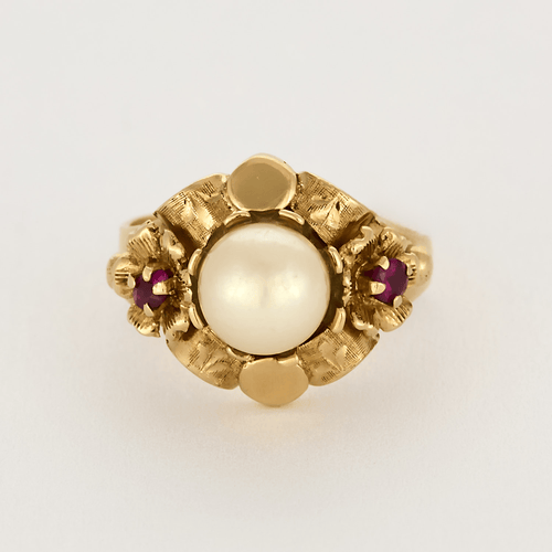 Bague 48 Bague en or jaune, perle de culture blanche et rubis de synthèse 58 Facettes DV7496-1