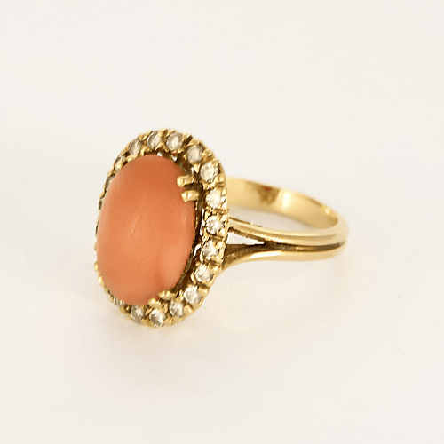 Bague 55 Bague en or jaune corail rouge entourage diamants 58 Facettes DV0378-5