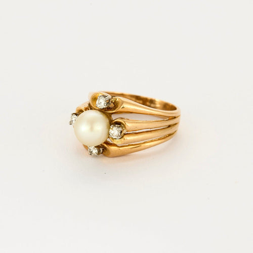 Bague 54.5 Bague en or jaune, perle de culture et diamants. 58 Facettes DV14304-2-545-2