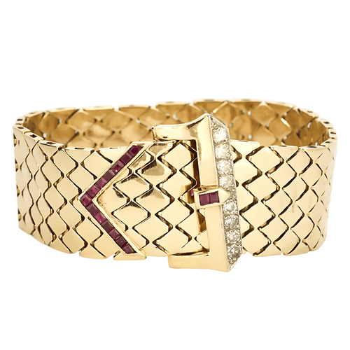 Elegant Bracelet ruban or jaune, diamants et rubis