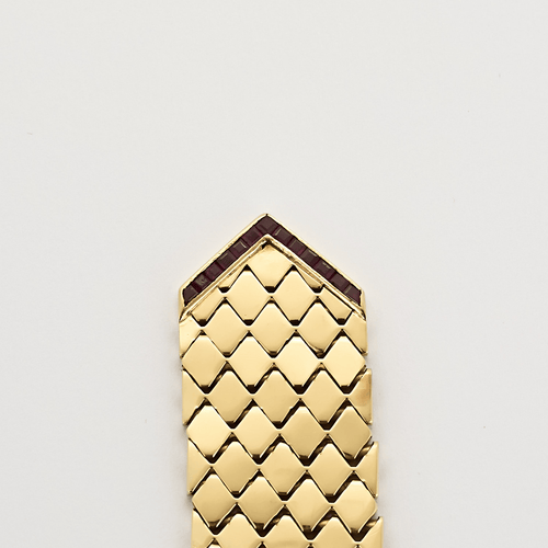 Elegant Bracelet ruban or jaune, diamants et rubis