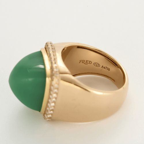Bague 55 FRED - Pain de sucre - Bague en or jaune et diamants, cabochon de chrysoprase interchangeable 58 Facettes DV21289-3-DV0882-1