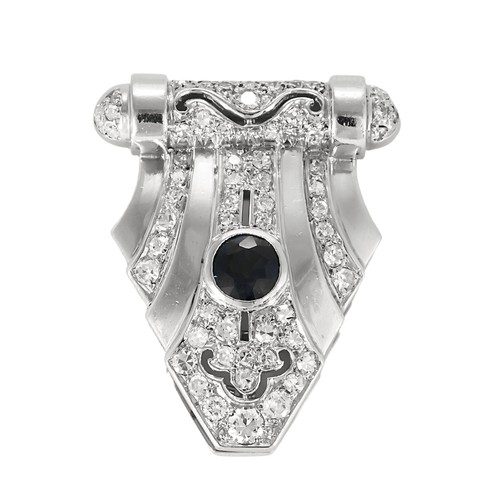Clip Art Déco en platine, or gris, diamants et saphir