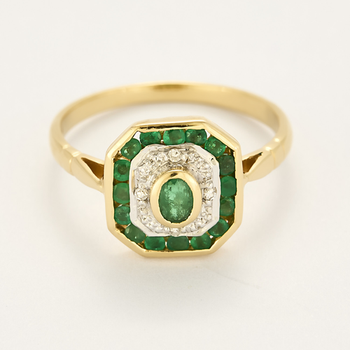 Bague en or jaune, diamants et émeraudes