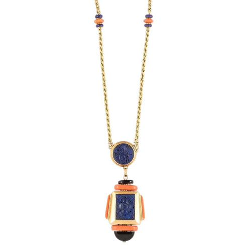 Atelier Georges Lenfant - Collier en or jaune, lapis lazuli, jade, néphrite, corail et onyx