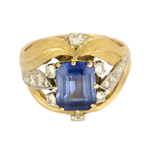 Sublime bague en or jaune, saphir de synthèse et diamants