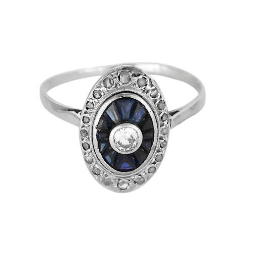 Bague en platine et or gris, diamants, saphirs de synthèse