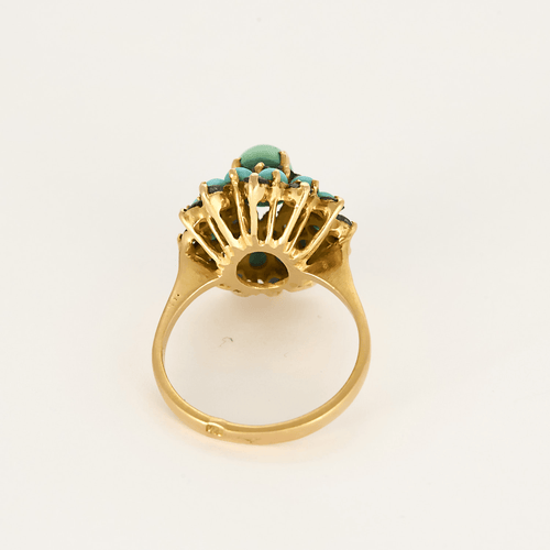 Bague en or jaune, saphir et turquoises