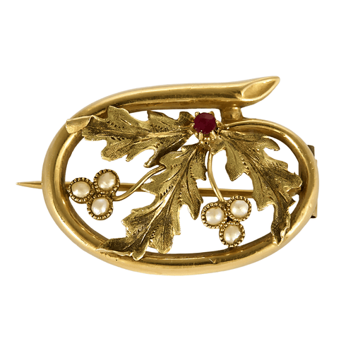 Broche en or jaune à motif floral, rubis et perles blanches de culture 58 Facettes DV0013-42