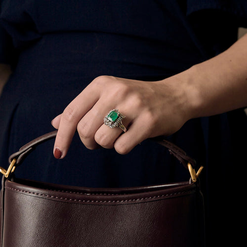 Bague 57 Bague en or gris, émeraude rectangulaire et diamants 58 Facettes DV22972-48-57-3