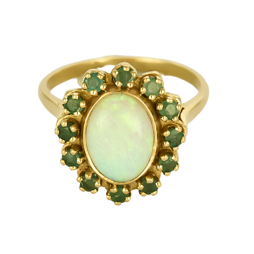 Bague marguerite en or jaune opale et émeraudes