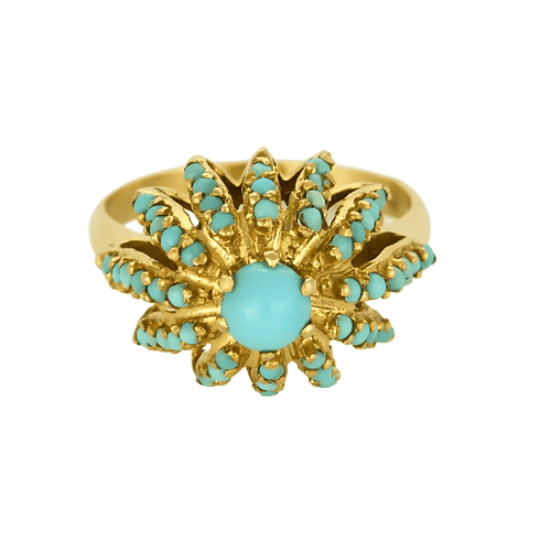 Bague 57,5 Bague en or jaune à motif de fleurs et turquoises 58 Facettes DV0013-32-575-5