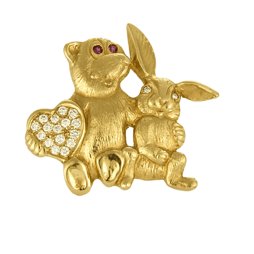 Broche Étonnante Broche en or jaune à motif d'ours et lapin, rubis de synthèse et diamants 58 Facettes DV22498-3