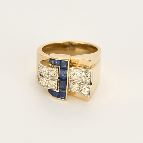 Bague 54.5 Bague Tank en or jaune, platine, diamants et saphirs de synthèse 58 Facettes DV27468-20-545-2
