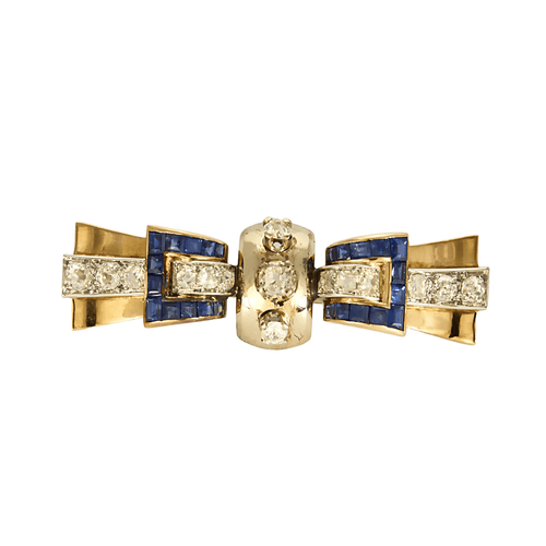 Broche en or jaune, or gris à motif de noeud, saphir calibré et diamants 58 Facettes DV27468-21