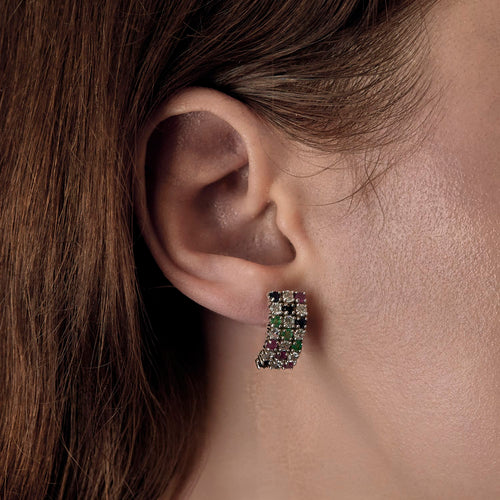 Paire de Boucles d'oreilles or 14K , saphirs, rubis, émeraudes et pierres blanches